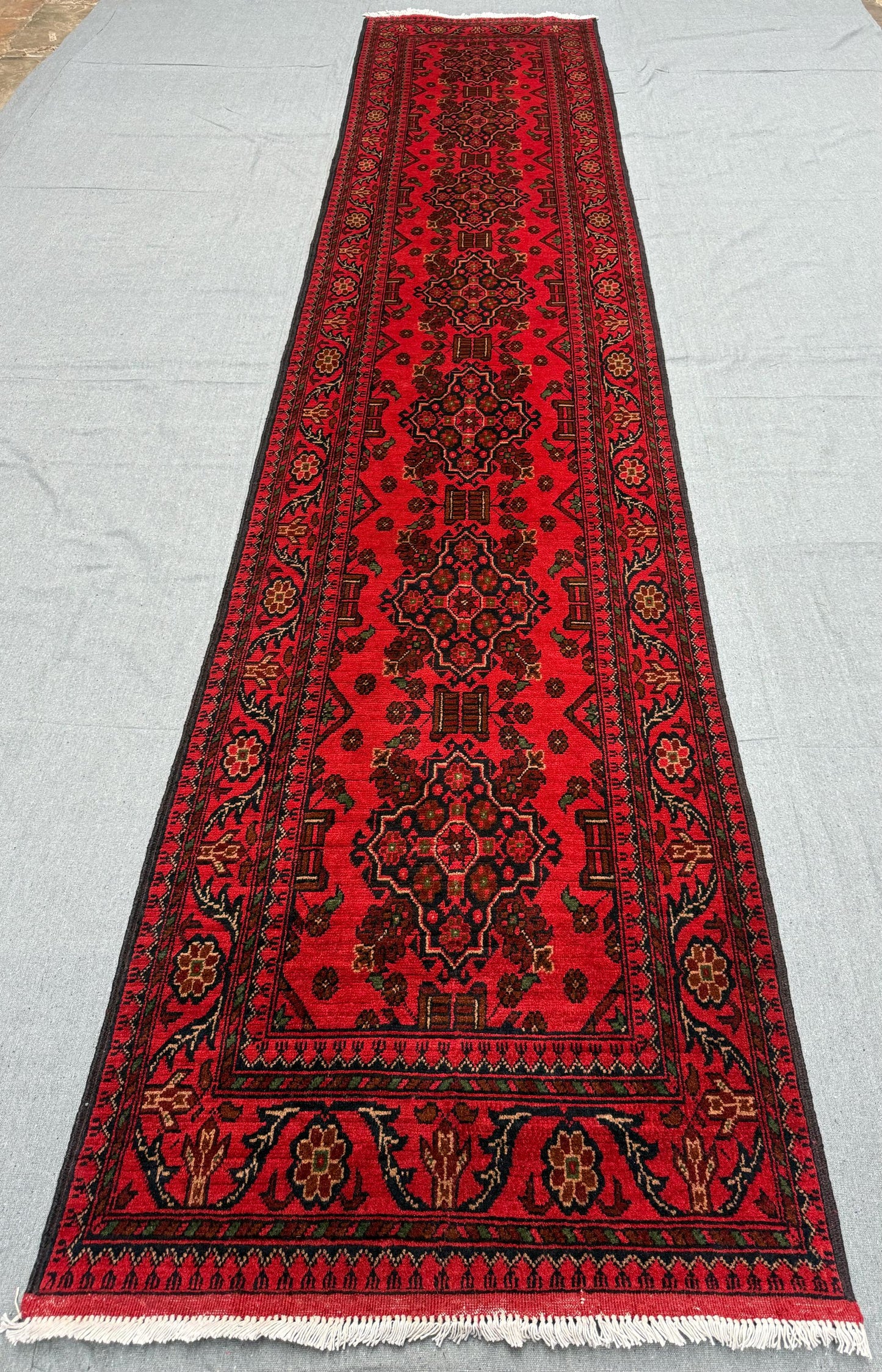 Red 3x12 Khal Mohammadi Runner–Handmade Afghan Wool Rug,Authentic Khal Mohammadi Red Runner–Handmade Hallway Rug,Handmade Oriental Carpet