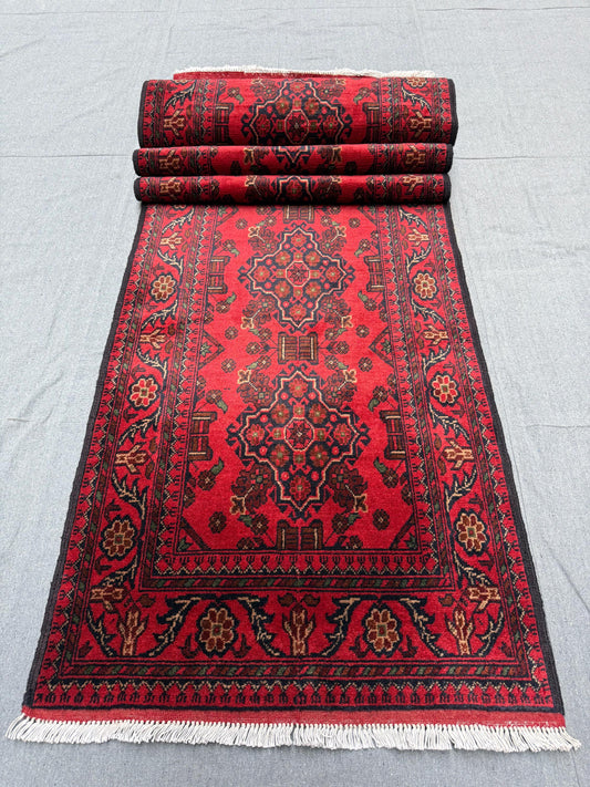 Red 3x12 Khal Mohammadi Runner–Handmade Afghan Wool Rug,Authentic Khal Mohammadi Red Runner–Handmade Hallway Rug,Handmade Oriental Carpet