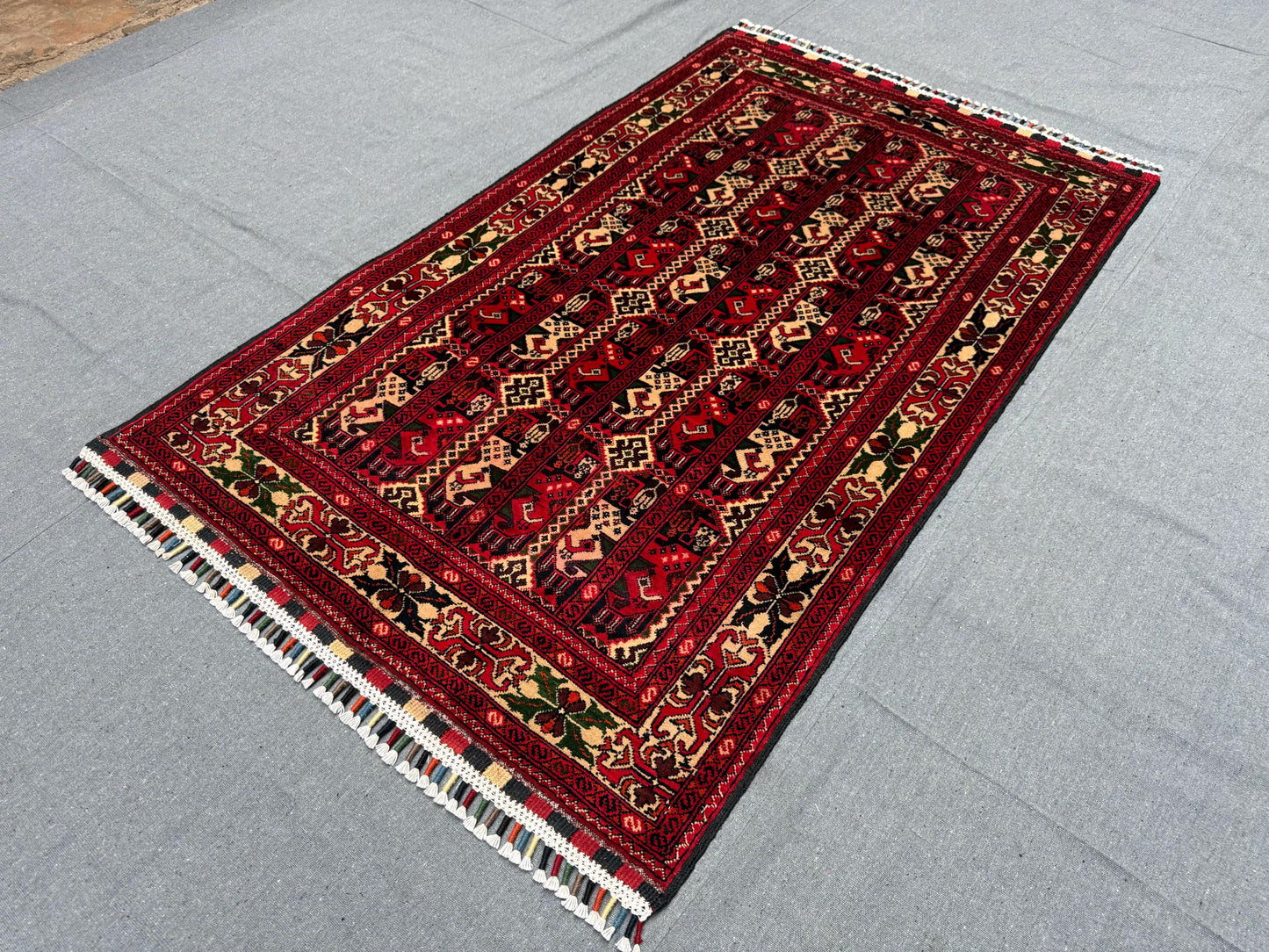 Handmade Tribal Wool Rug–Red and Beige 3x5 Afghan Carpet,Authentic Hand-Knotted Rug – 3x5 Red Wool Tribal Afghan Carpet,Living room rug.