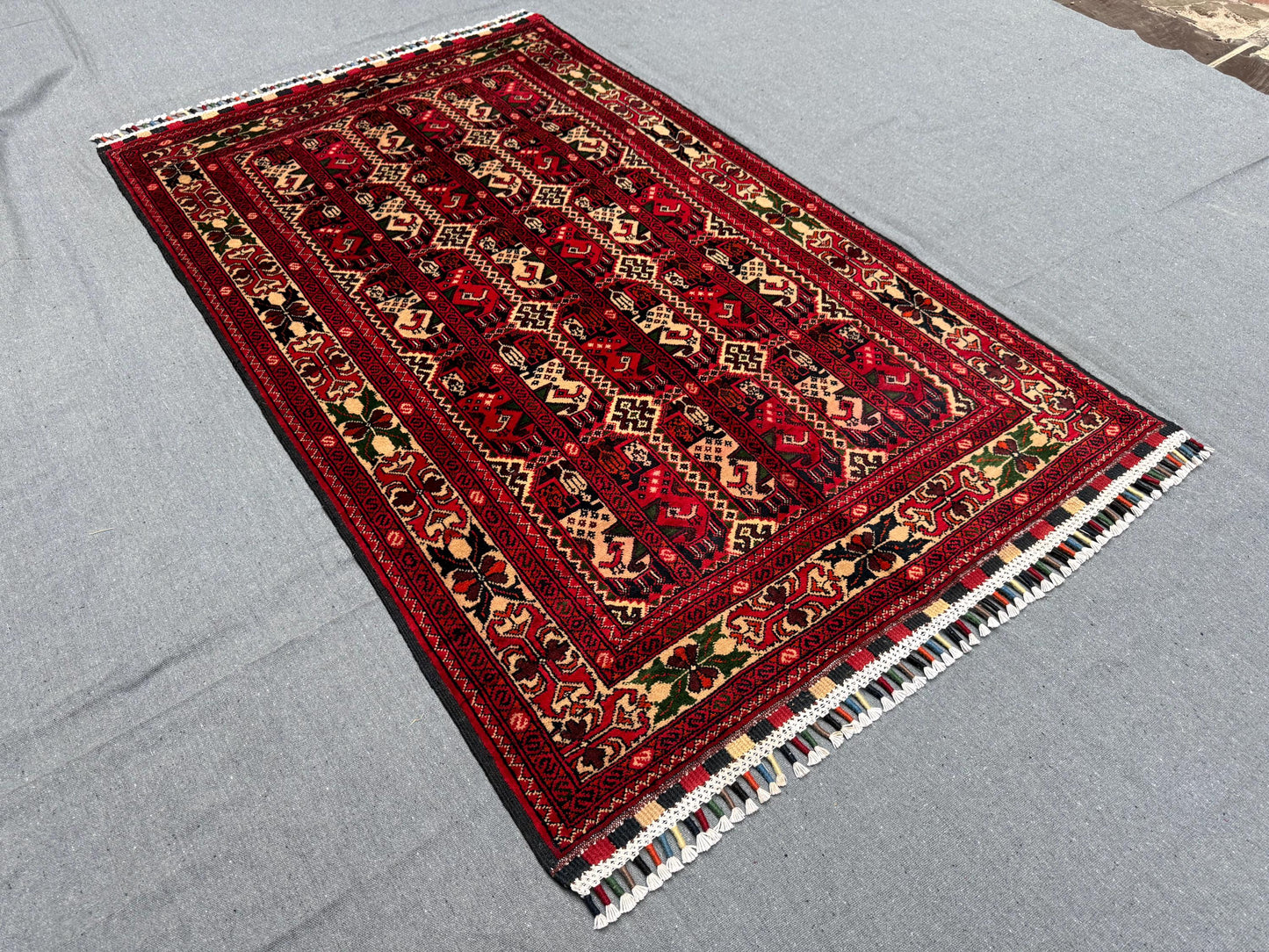 Handmade Tribal Wool Rug–Red and Beige 3x5 Afghan Carpet,Authentic Hand-Knotted Rug – 3x5 Red Wool Tribal Afghan Carpet,Living room rug.