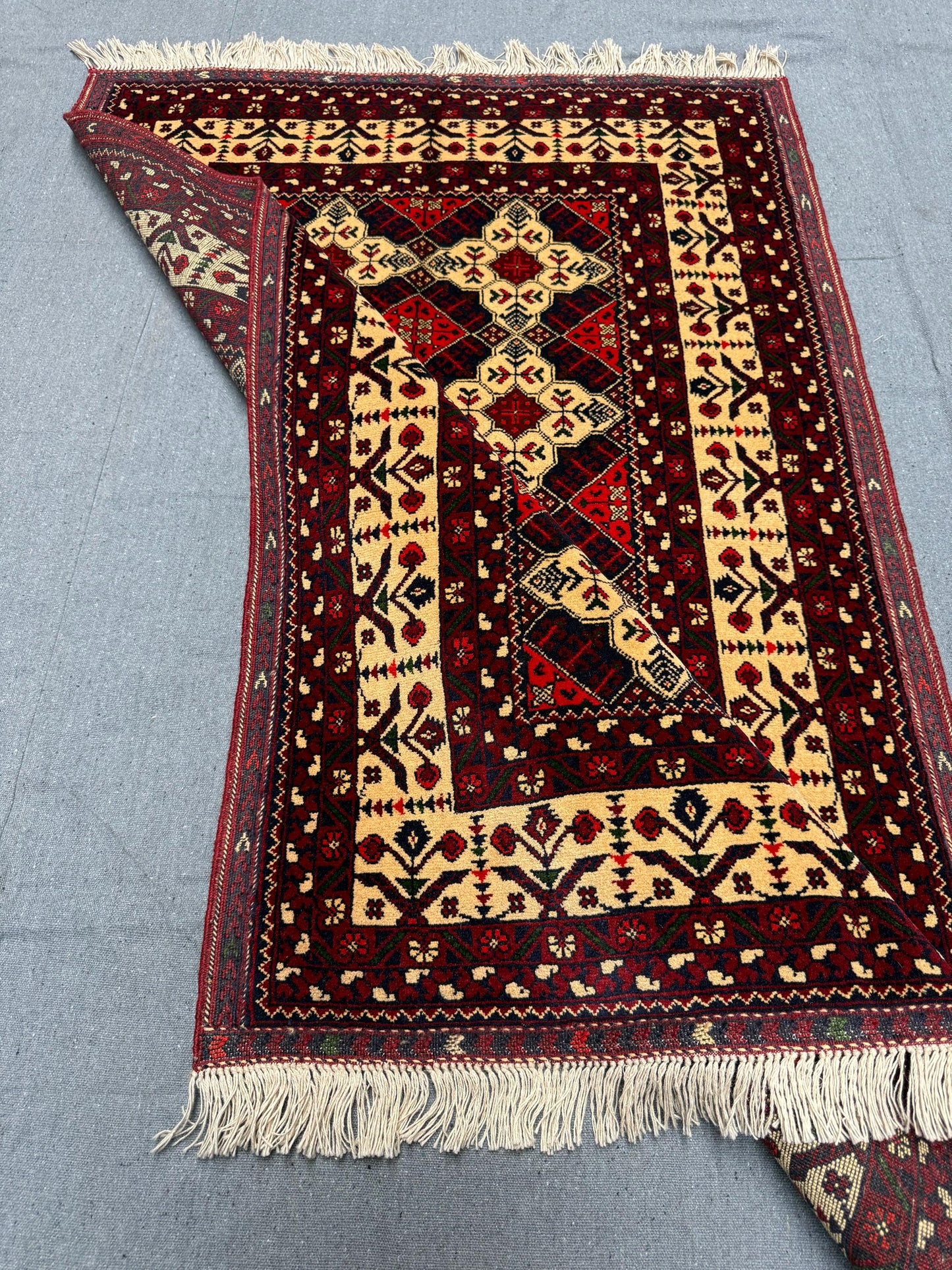 Handmade Red and Cream Tribal Rug – 3x4 Wool Afghan Carpet,Small handmade rug for gift,Authentic Afghan Wool Rug,Handwoven Tribal Rug.