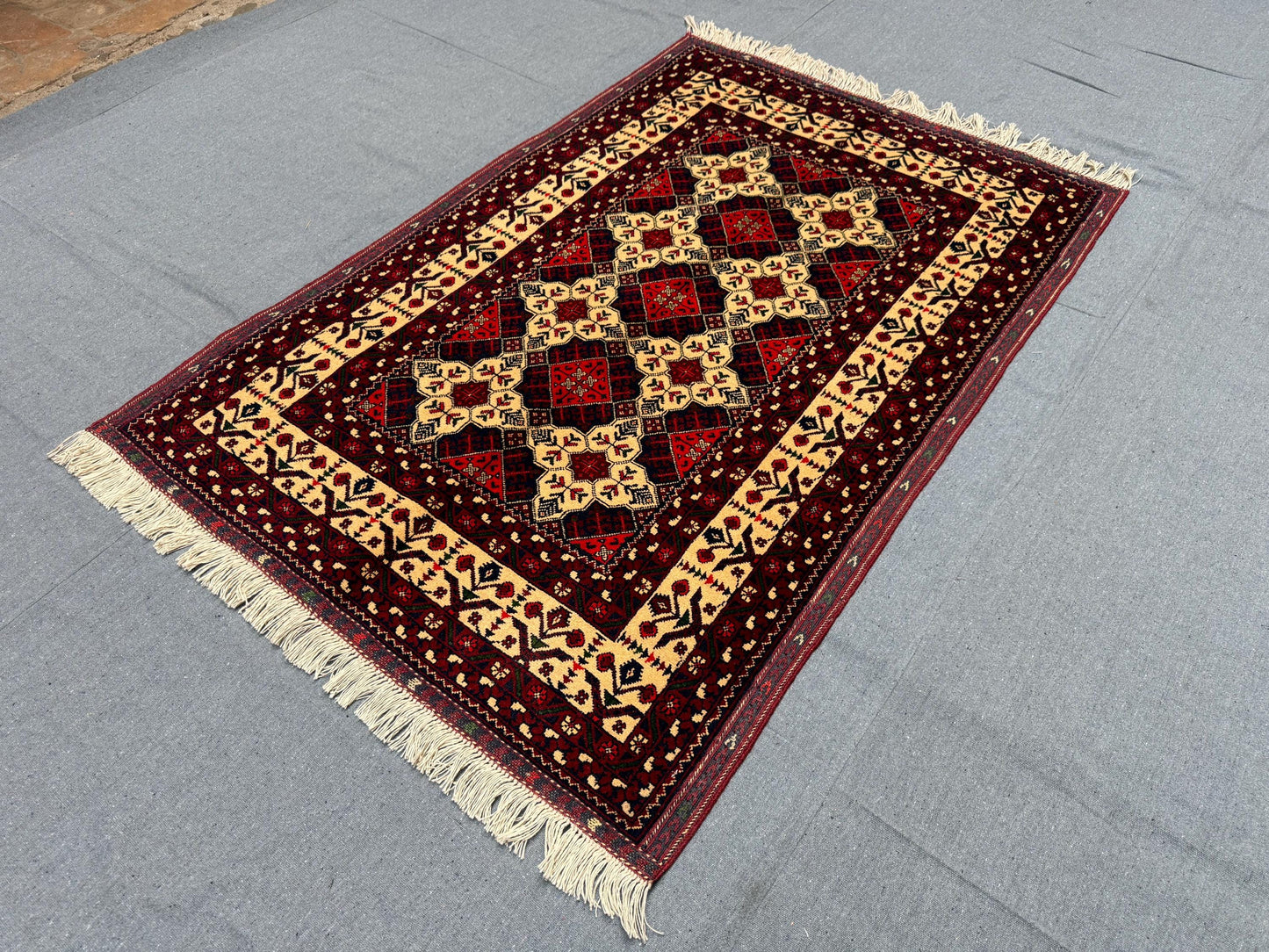 Handmade Red and Cream Tribal Rug – 3x4 Wool Afghan Carpet,Small handmade rug for gift,Authentic Afghan Wool Rug,Handwoven Tribal Rug.