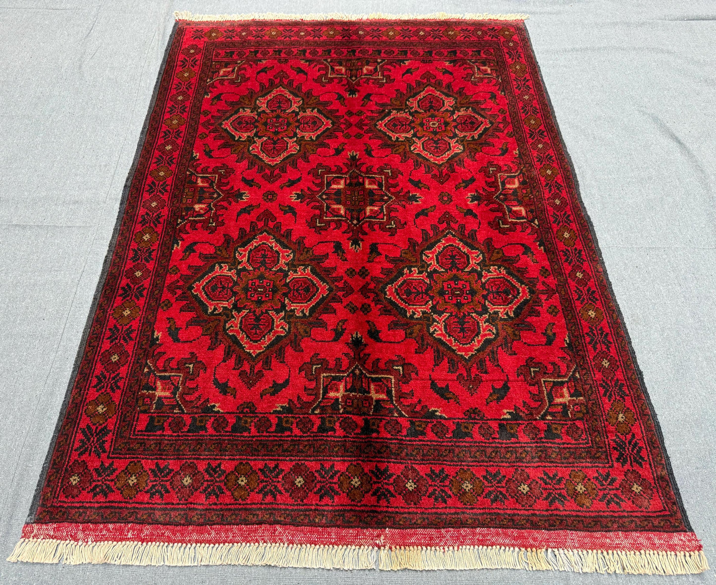 Authentic Afghan Wool Rug – 3x4 Hand-Knotted Tribal Carpet,Rustic Red Wool Rug,Red and black wool rug,3x4 Small living room rug,Bedroom rug