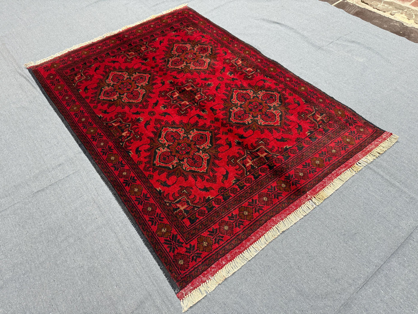 Authentic Afghan Wool Rug – 3x4 Hand-Knotted Tribal Carpet,Rustic Red Wool Rug,Red and black wool rug,3x4 Small living room rug,Bedroom rug