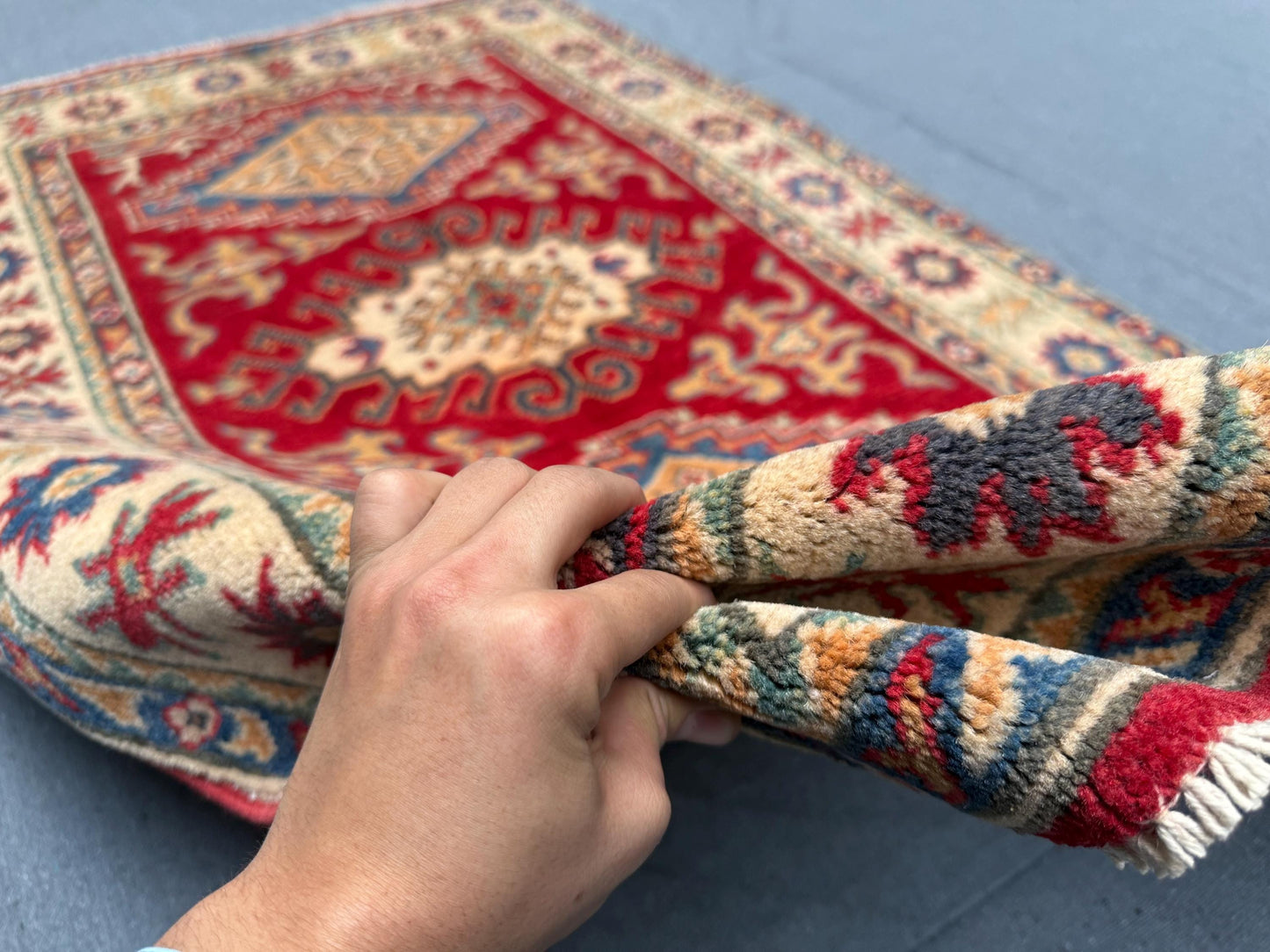 Authentic 3x5 Turkish-Kazakh Wool Rug –Handwoven Tribal Carpet,3x5 Red and Beige Wool Carpet,Rustic Turkish-Kazakh Rug,Small living room rug