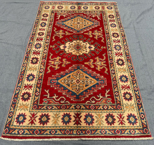 Authentic 3x5 Turkish-Kazakh Wool Rug –Handwoven Tribal Carpet,3x5 Red and Beige Wool Carpet,Rustic Turkish-Kazakh Rug,Small living room rug