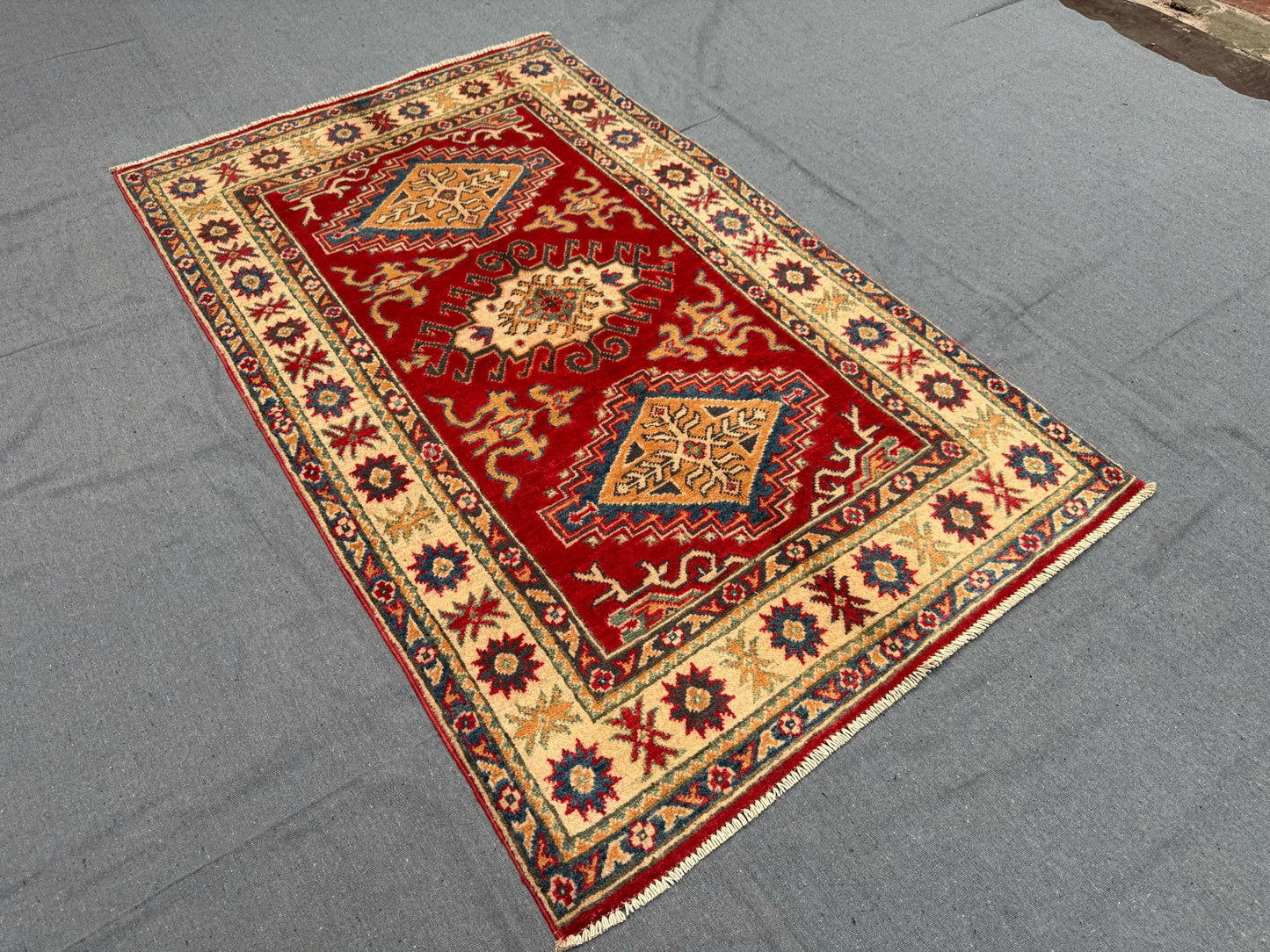 Authentic 3x5 Turkish-Kazakh Wool Rug –Handwoven Tribal Carpet,3x5 Red and Beige Wool Carpet,Rustic Turkish-Kazakh Rug,Small living room rug