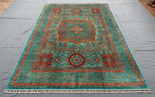 5x8 Turquoise and Red,Green  Mamluk Rug-5x8 Handwoven Wool Carpet with Vibrant Design,Luxury Mamluk Rug,Persian-Inspired Unique Mamluk rug.