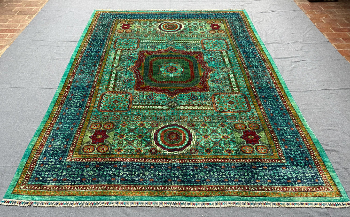 Unique Handmade 7x10 Blue-Green Mamluk Rug,Luxury Handmade Turkish Living room Rug, Elegant Blue and Green Mamluk Rug,7x10 living room rug