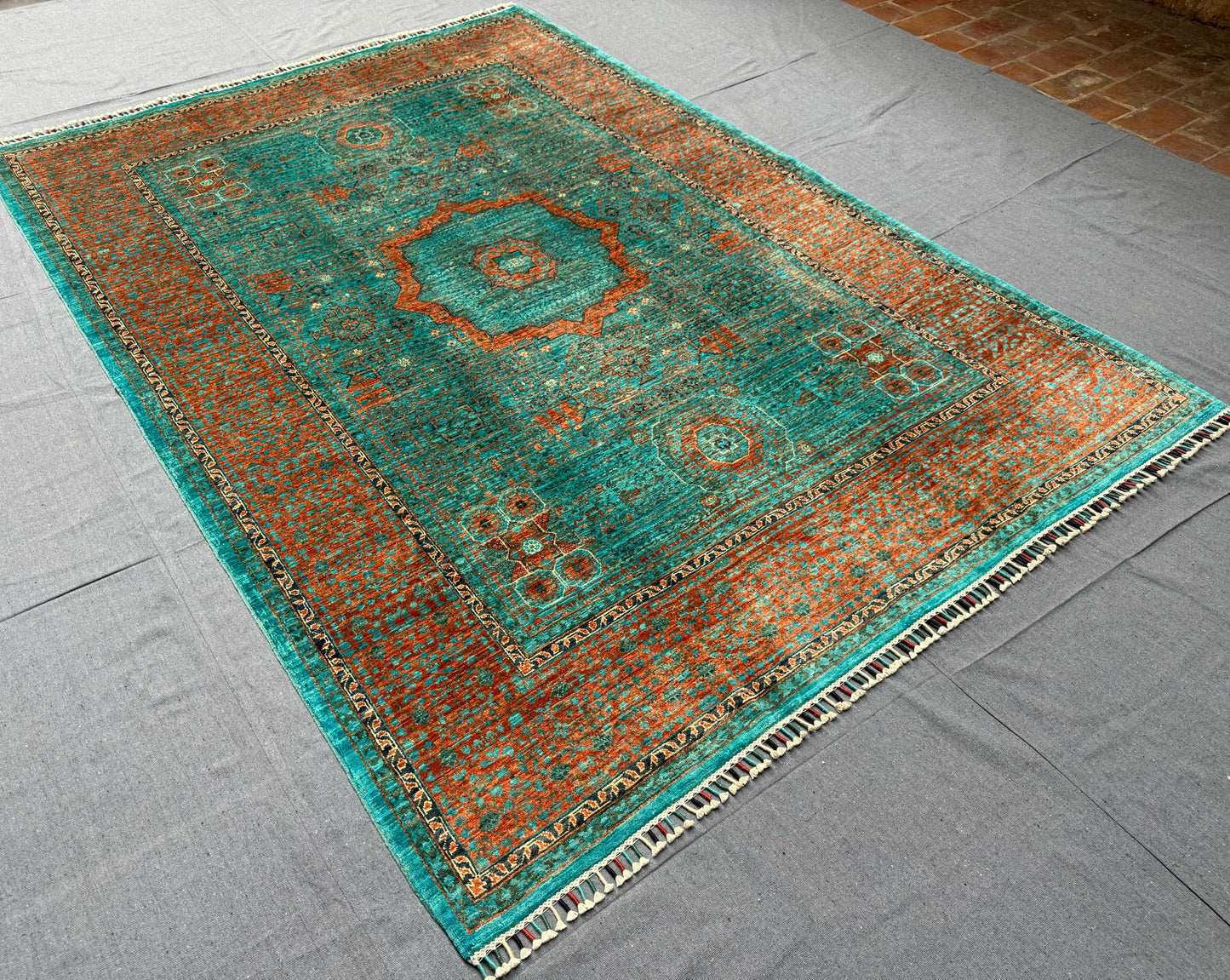 Handmade Mamluk 6x8 Oriental Rug,Luxury Oriental Modern Turkish Rug,One of kind living room rug,Green,Orange,Turquoise Large Bedroom rug.