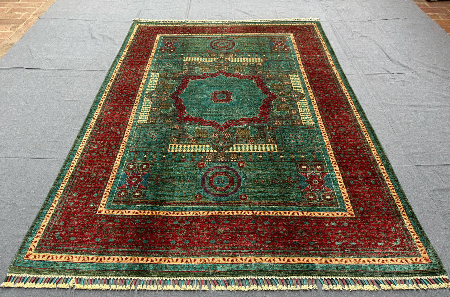 Handmade Modern Oriental Rug – Red and Teal Wool Carpet with Geometric Design,Luxury Mamluk Modern Oriental Rug,6x8 Rug for living room.