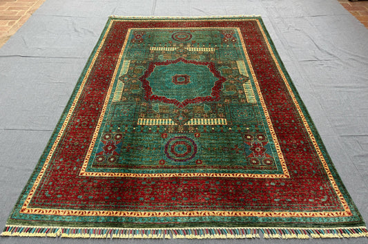 Handmade Modern Oriental Rug – Red and Teal Wool Carpet with Geometric Design,Luxury Mamluk Modern Oriental Rug,6x8 Rug for living room.