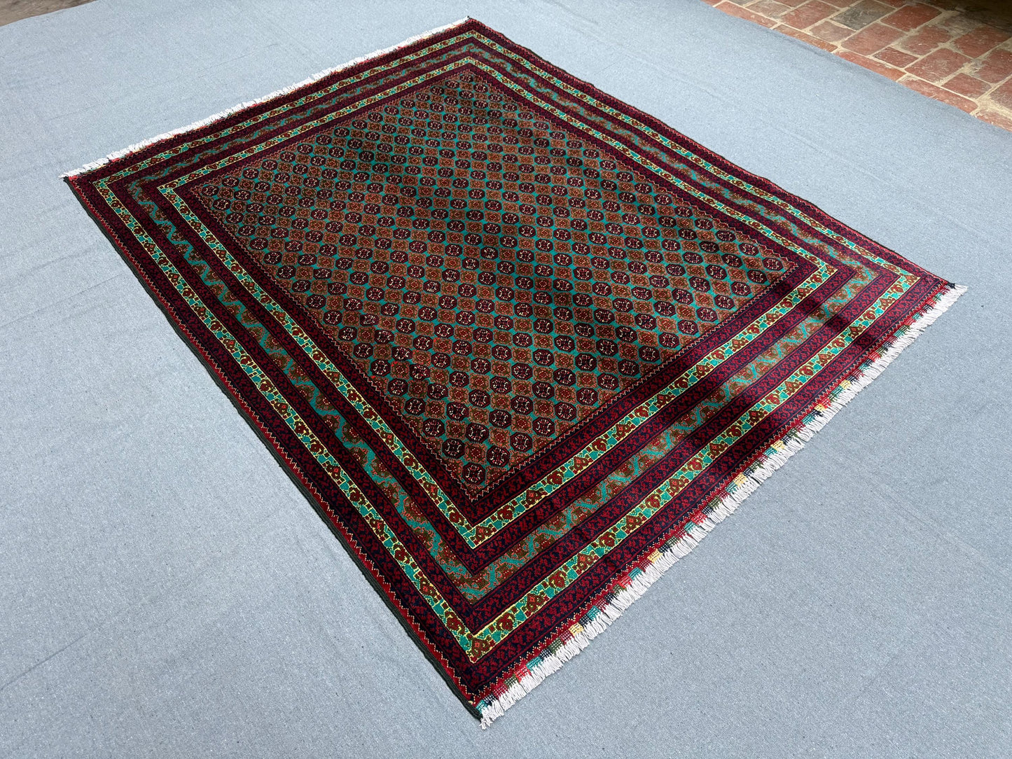 Handmade Persian-Inspired Rug–Red and Green Geometric Wool Carpet,Authentic Oriental Rug–Handwoven Wool Carpet with Intricate Floral Pattern