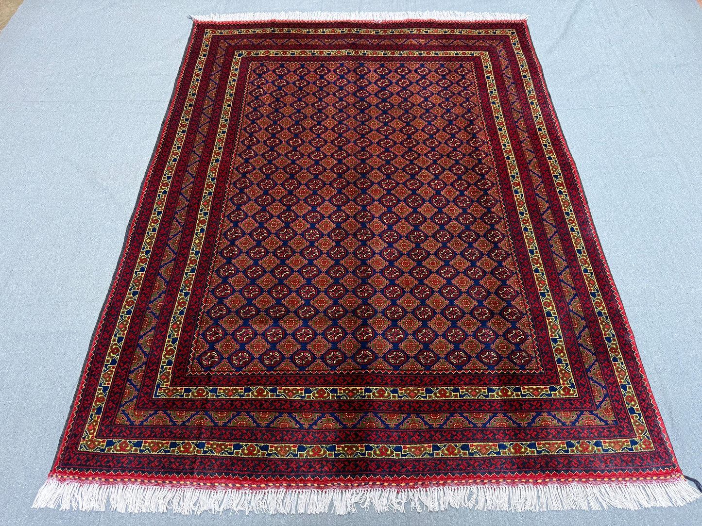 Hand-Knotted Wool Rug–Red and Blue Geometric Persian-Inspired Carpet,Handwoven Oriental Rug for Living Room,Timeless Handmade Oriental Rug