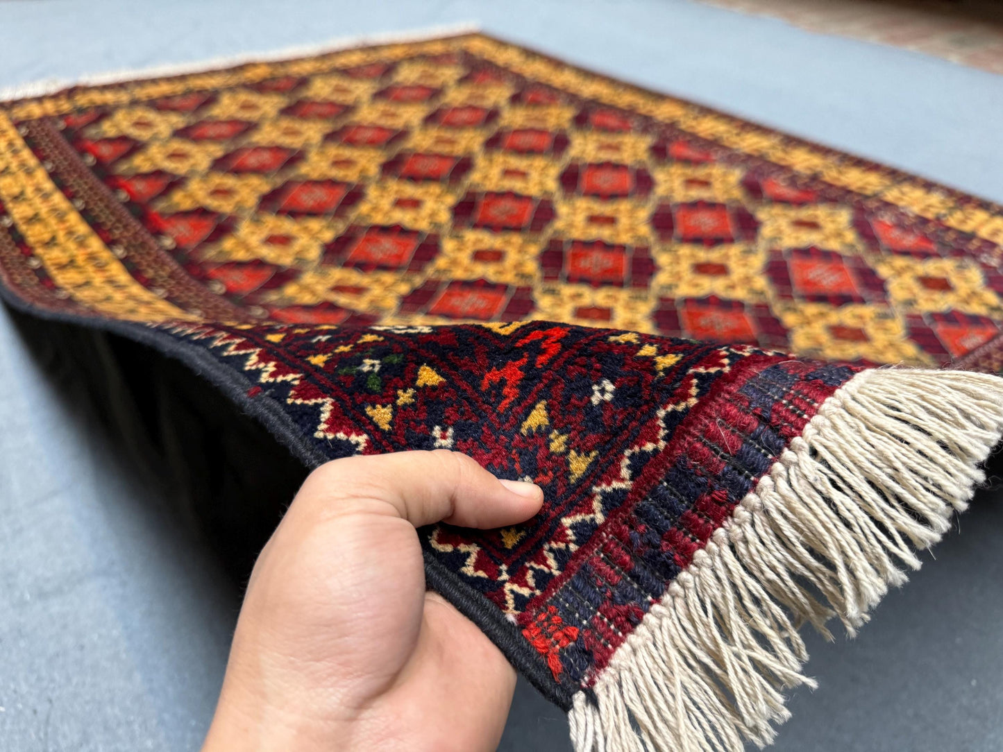 Geometric Red and Yellow Wool Rug–Handwoven Oriental Carpet for Living Room,Luxurious Persian Style Rug–Artisan Handwoven Wool Carpet.