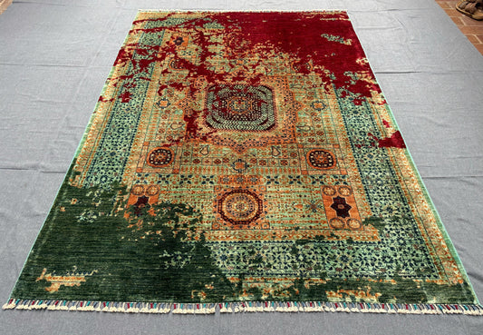 Handmade Wool and Silk Mamluk Rug–Modern Abstract Oriental Carpet,Modern Abstract Mamluk Rug – Handmade Wool and Silk Carpet,6x8 living room