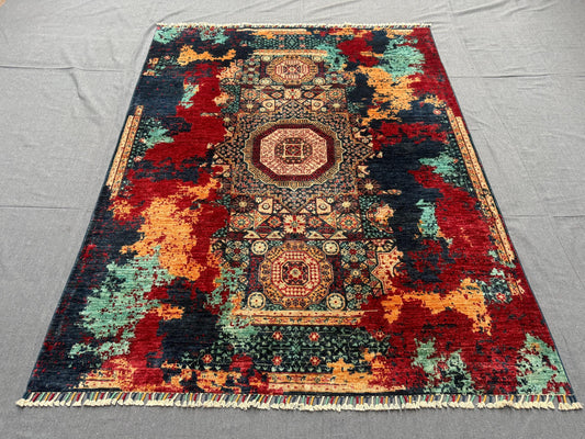 One of Kind Modern Handmade Oriental Wool and Silk Rug,Modern Abstract Oriental Carpet,Red, Teal, and Gold Wool Carpet,5x7 living room rug