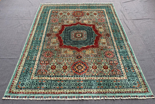 Vibrant Handmade Mamluk Rug – Red and Green Oriental Wool Carpet,Authentic Oriental Rug,5x7 5x6 living room rug,Bedroom rug,Turkish rug,