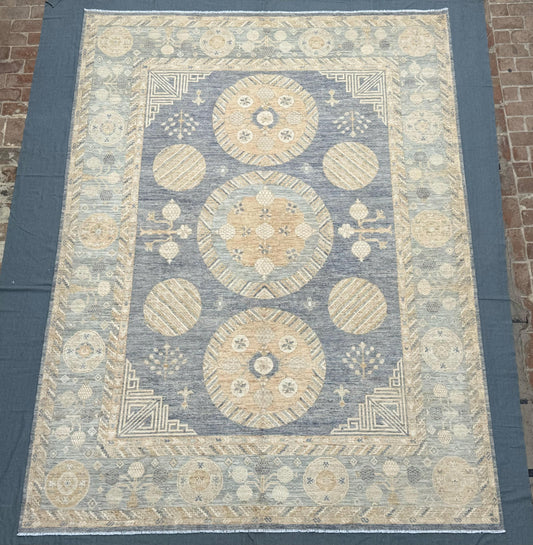 Handmade Turkish Oriental Rug 10x13 ft – Elegant Wool Carpet with Geometric Medallion Design in Soft Blue and Beige Tones for Large Spaces