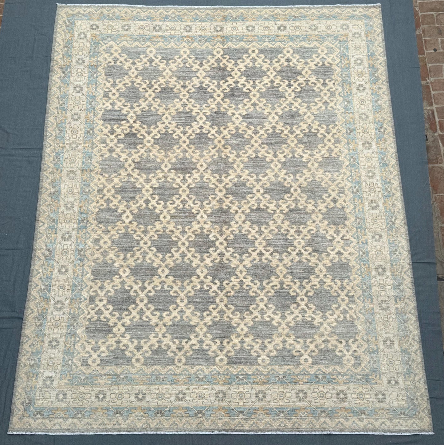 Large Turkish Oriental Rug 9.6x12.1 ft - Handmade Vintage Area Rug with Intricate Blue and Beige Pattern