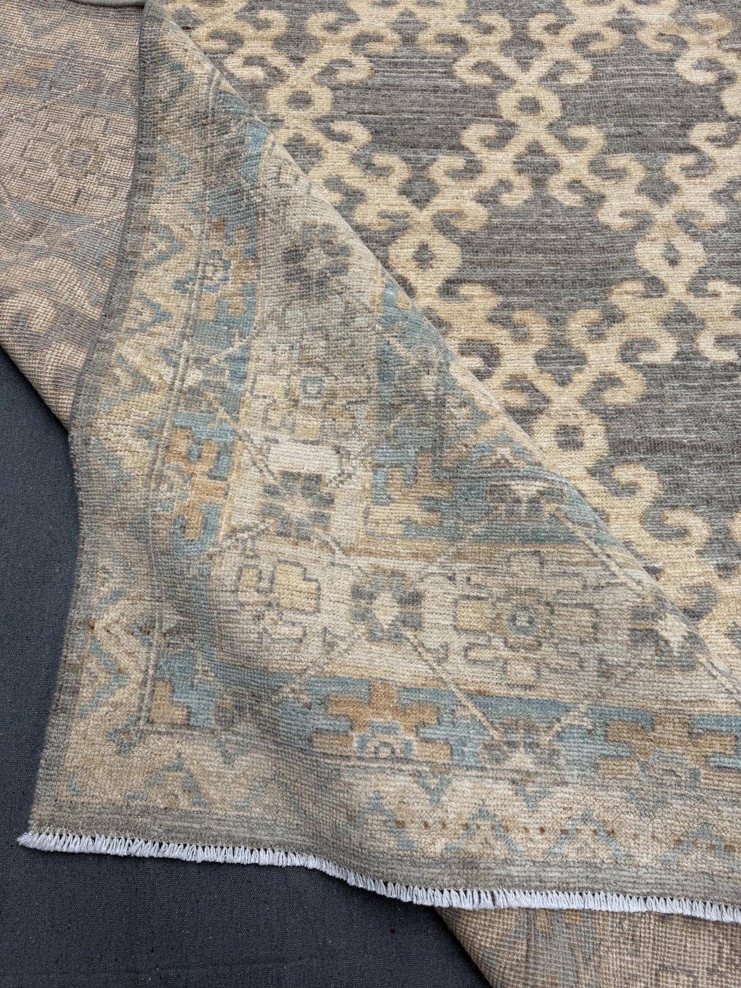 Large Turkish Oriental Rug 9.6x12.1 ft - Handmade Vintage Area Rug with Intricate Blue and Beige Pattern