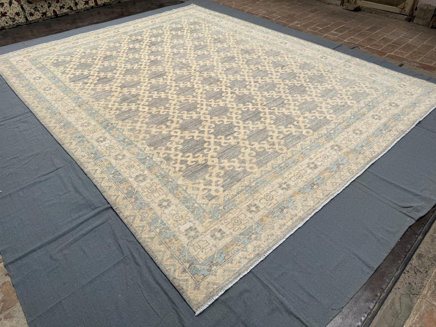 Large Turkish Oriental Rug 9.6x12.1 ft - Handmade Vintage Area Rug with Intricate Blue and Beige Pattern