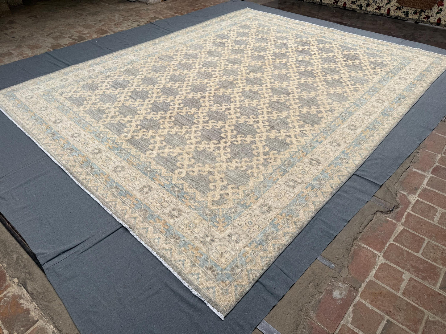 Large Turkish Oriental Rug 9.6x12.1 ft - Handmade Vintage Area Rug with Intricate Blue and Beige Pattern