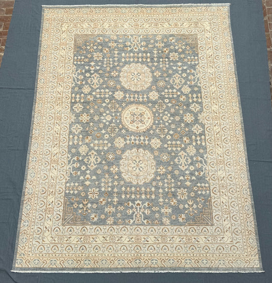 Handmade Turkish Oriental Rug 9x12 ft – Elegant Wool Carpet with Detailed Floral Medallion Design in Muted Blue and Beige Tones