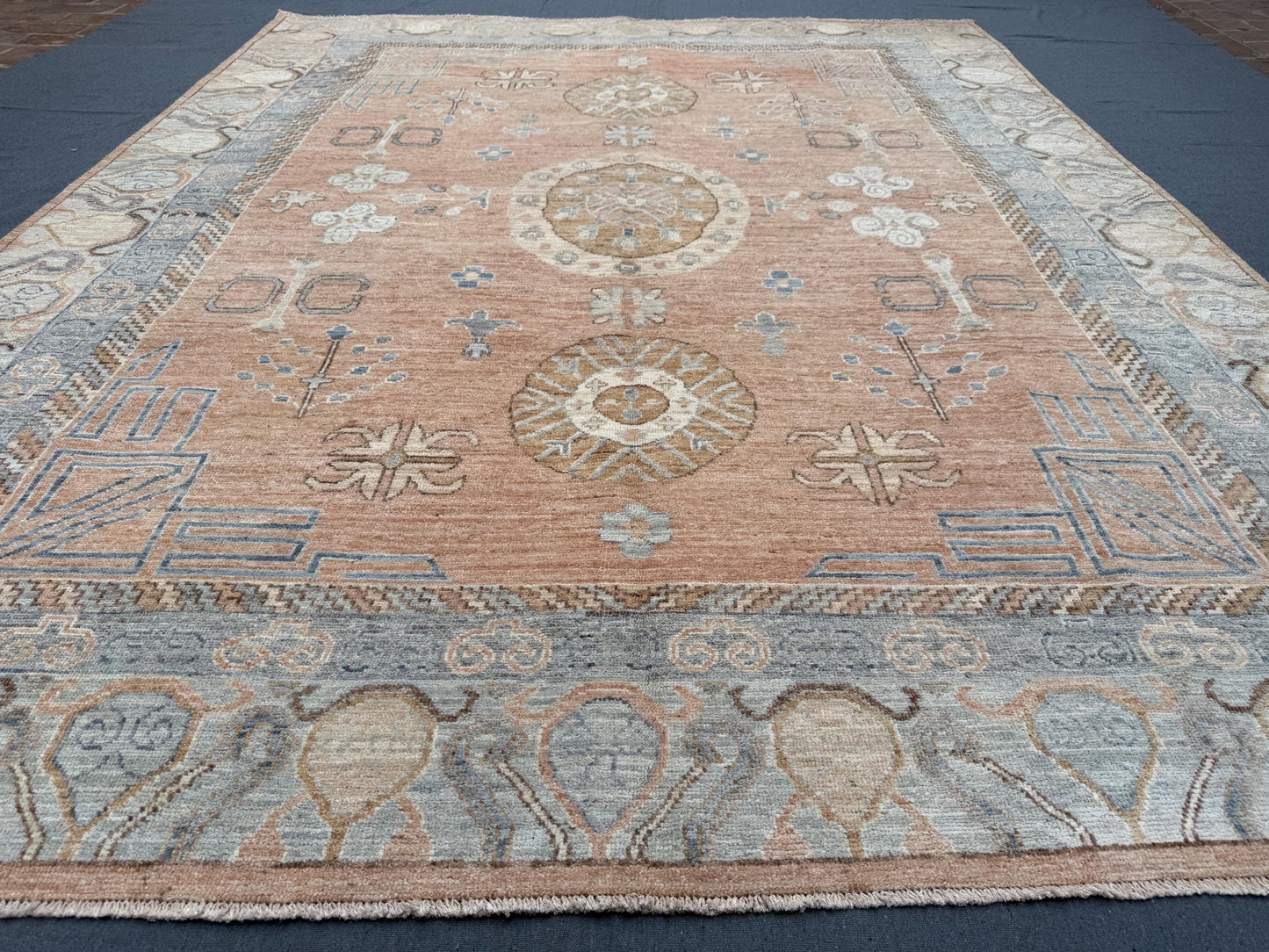 Handmade Turkish Oriental Rug 8x10 ft – Luxurious Wool Area Carpet with Earthy Peach and Blue Tones, Perfect for Living Spaces