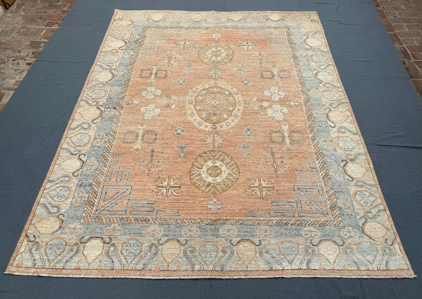 Handmade Turkish Oriental Rug 8x10 ft – Luxurious Wool Area Carpet with Earthy Peach and Blue Tones, Perfect for Living Spaces