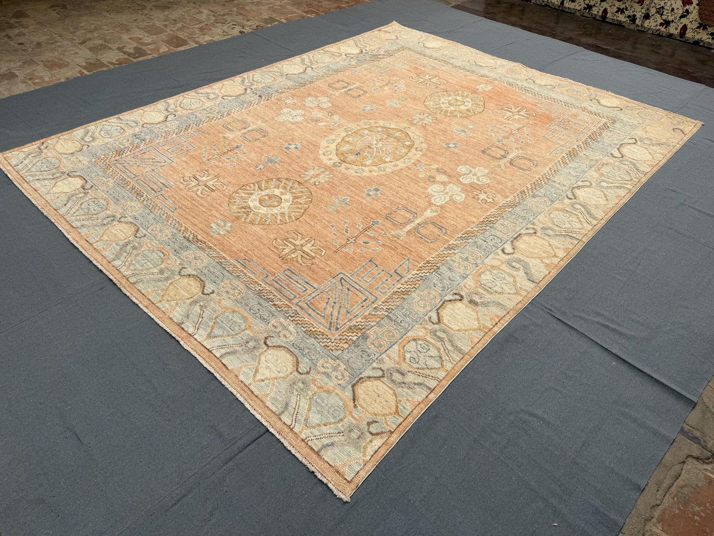 Handmade Turkish Oriental Rug 8x10 ft – Luxurious Wool Area Carpet with Earthy Peach and Blue Tones, Perfect for Living Spaces