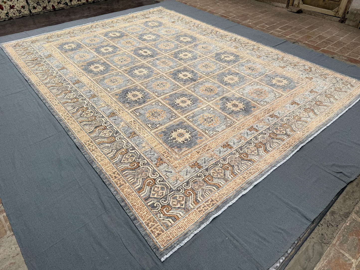 Handmade Turkish Oriental Rug 9x12 ft – Intricate Geometric Wool Carpet in Muted Blue and Beige for Elegant Living Spaces