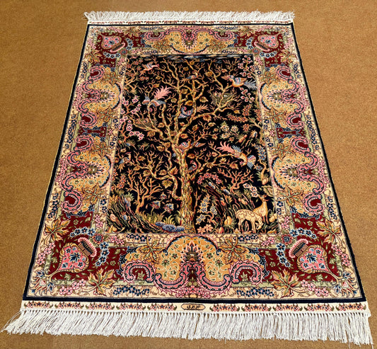 Handmade Original Silk Rug,Wall Hanging Small Real Silk Handmade Original rug,Tree of Life Design Area Rug,Elegant Nature-Inspired Design.