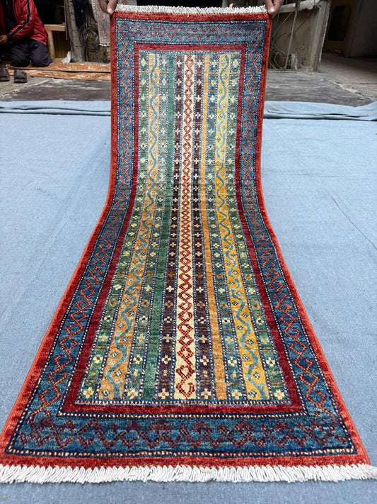 Handmade Turkish Shawl Rug Runner (1.9 x 4.11 ft ) - Vibrant Striped Design, Perfect for Hallways, Entryways, and Compact Spaces