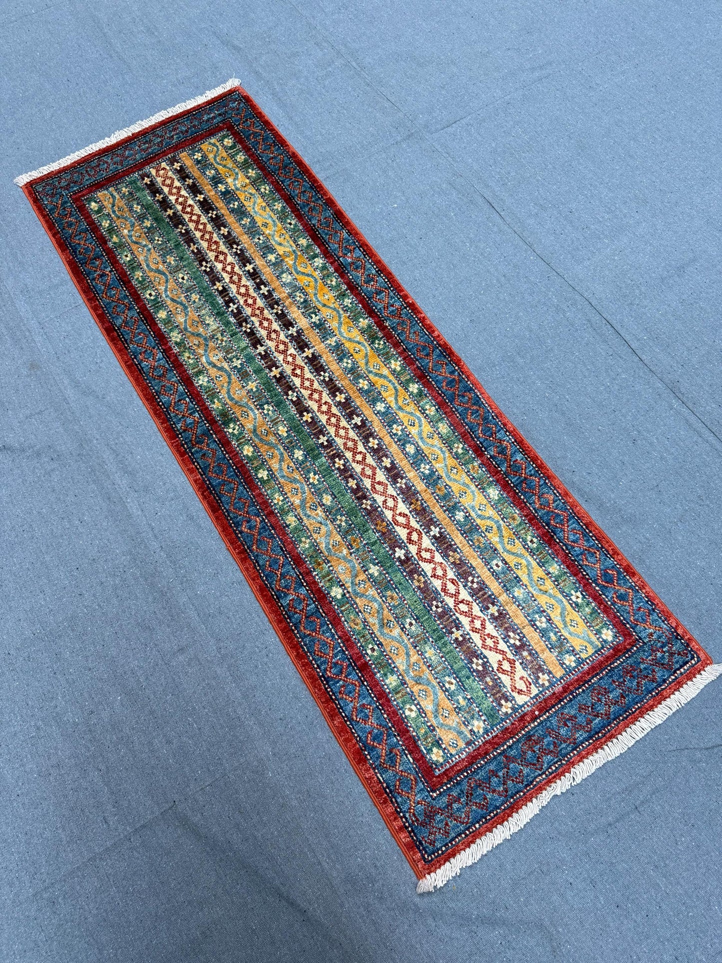 Handmade Turkish Shawl Rug Runner (1.9 x 4.11 ft ) - Vibrant Striped Design, Perfect for Hallways, Entryways, and Compact Spaces