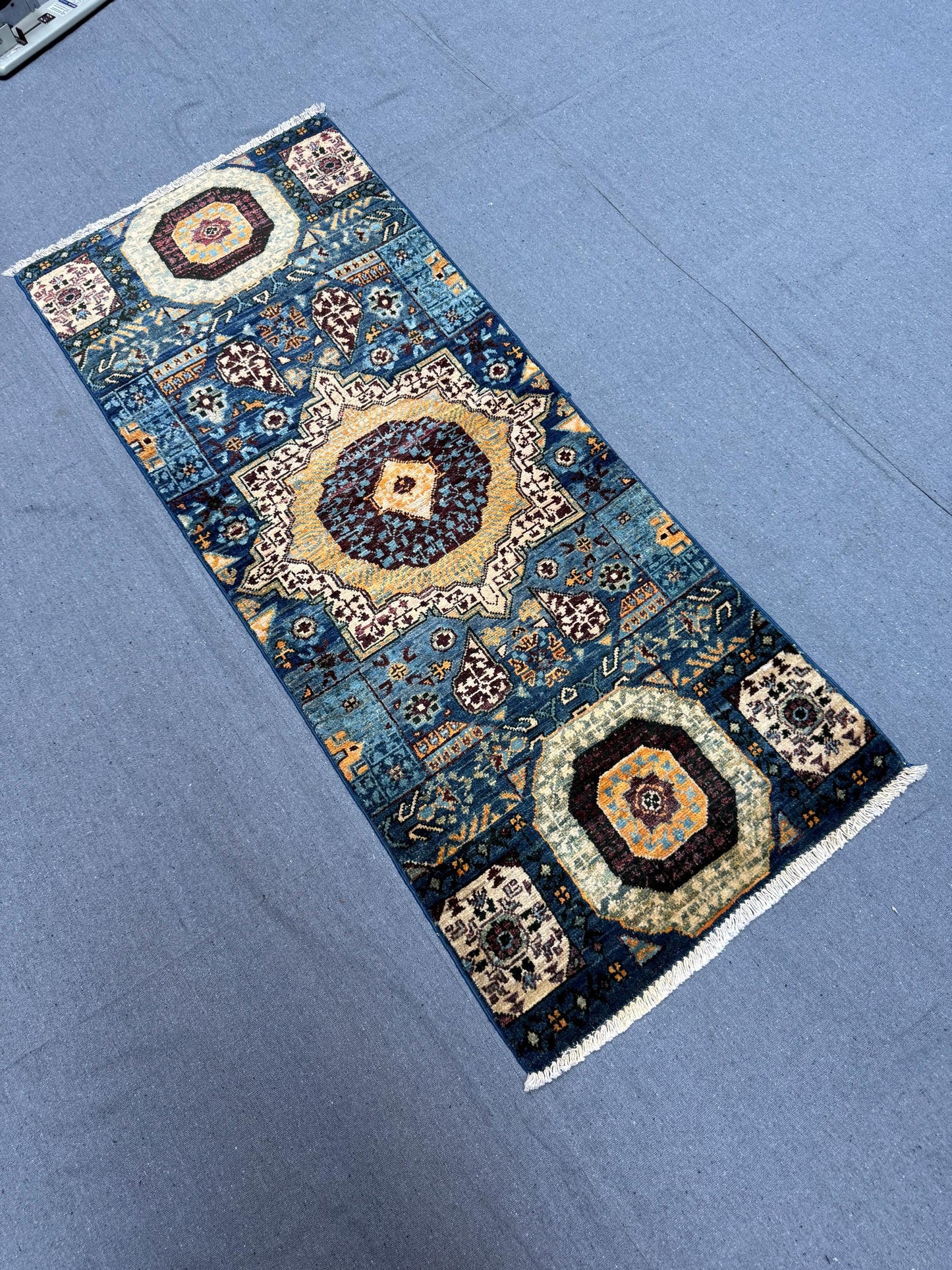 Handmade Mamluk Rug Runner - Intricate Geometric Patterns in Blue,Blue small runner rug,Small hallway rug - Unique Turkish Artisan Decor