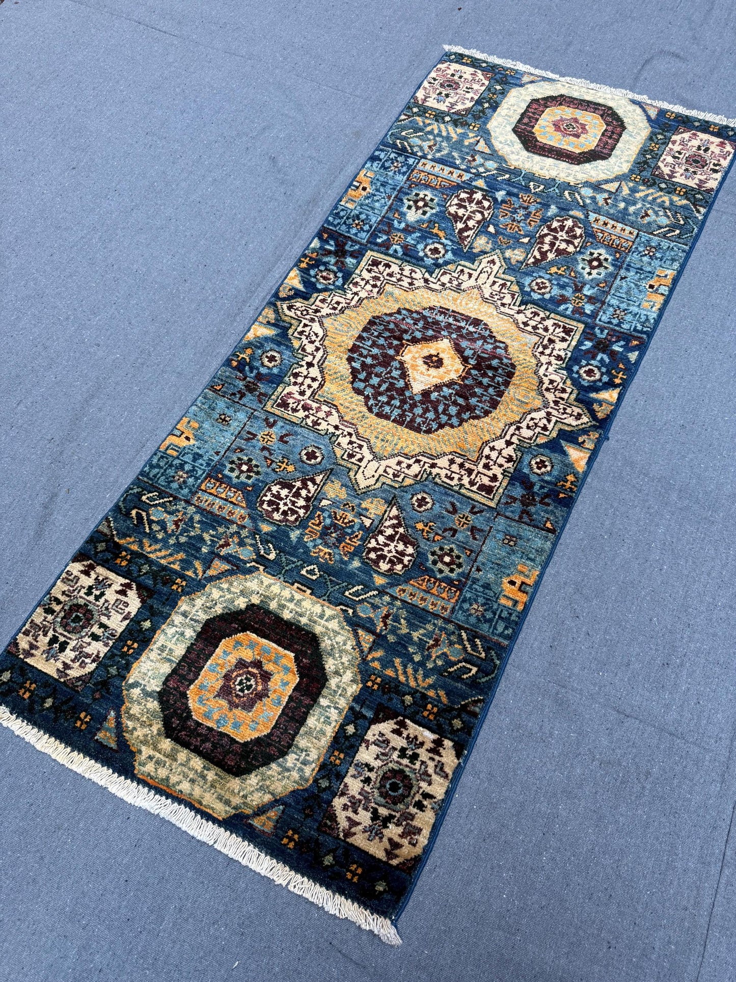 Handmade Mamluk Rug Runner - Intricate Geometric Patterns in Blue,Blue small runner rug,Small hallway rug - Unique Turkish Artisan Decor