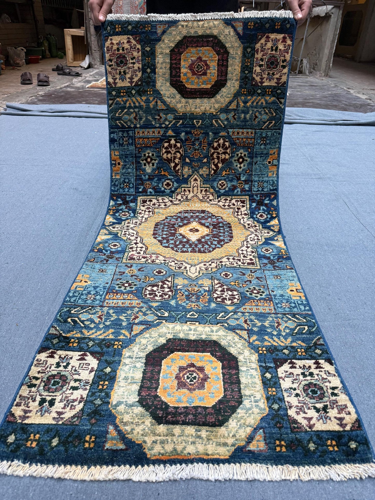 Handmade Mamluk Rug Runner - Intricate Geometric Patterns in Blue,Blue small runner rug,Small hallway rug - Unique Turkish Artisan Decor