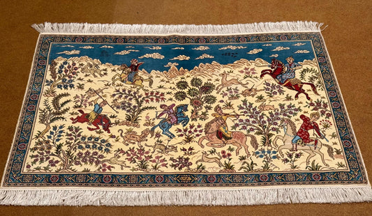 Luxurious Real Silk Handmade Rug with Hunting Scene,Elegant Persian Hunting Scene Rug,Silk Wall Hanging Rug,Decorative Real Silk Rug.