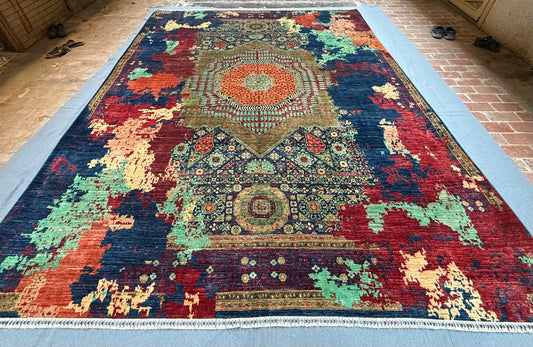 10x13 Large Handmade Wool on Silk Modern Mamluk Rug,One of Kind Modern Handmade Living room rug,Artisan Wool on Silk Mamluk Rug,10x13 Rug