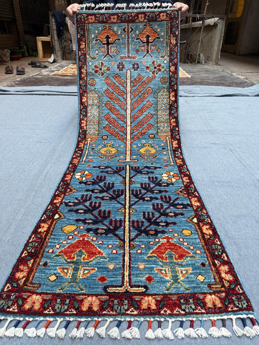 Handmade Life Tree Wool Runner Rug-Blue & Red Tribal Design, 1.10 x 5.4 ft Unique Handwoven Turkish Carpet for Hallway Entryway, Home Decor