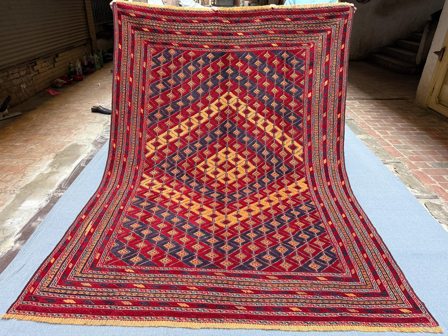 Handmade Vintage Turkmen Mushwani Rug 6.8 x 9.3 ft - Geometric Tribal Wool Carpet - Red & Navy Handwoven Afghan Area Rug for Living Room