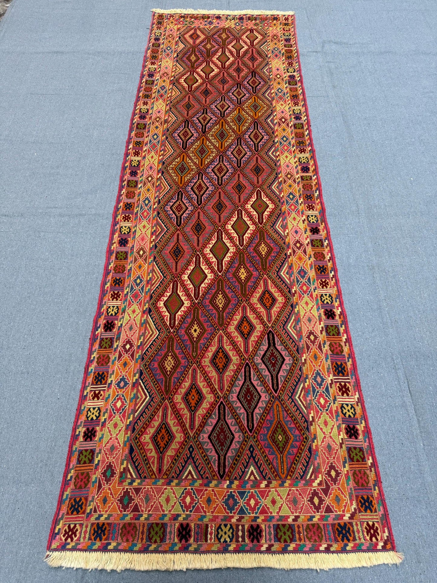 Handwoven Antique Vintage Kilim Runner Rug 2.8 x 8.11 ft - Geometric Tribal Wool Carpet - Bohemian Turkish Hallway Rug - Handmade Flatweave