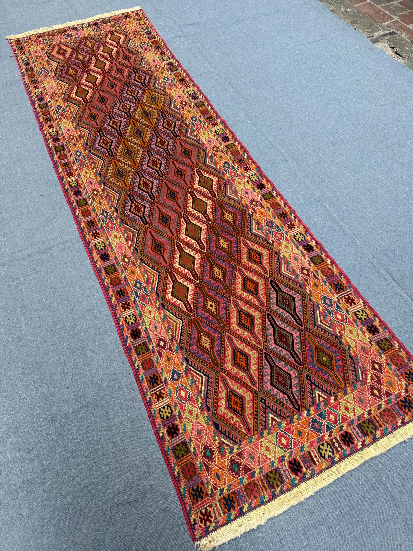 Handwoven Antique Vintage Kilim Runner Rug 2.8 x 8.11 ft - Geometric Tribal Wool Carpet - Bohemian Turkish Hallway Rug - Handmade Flatweave