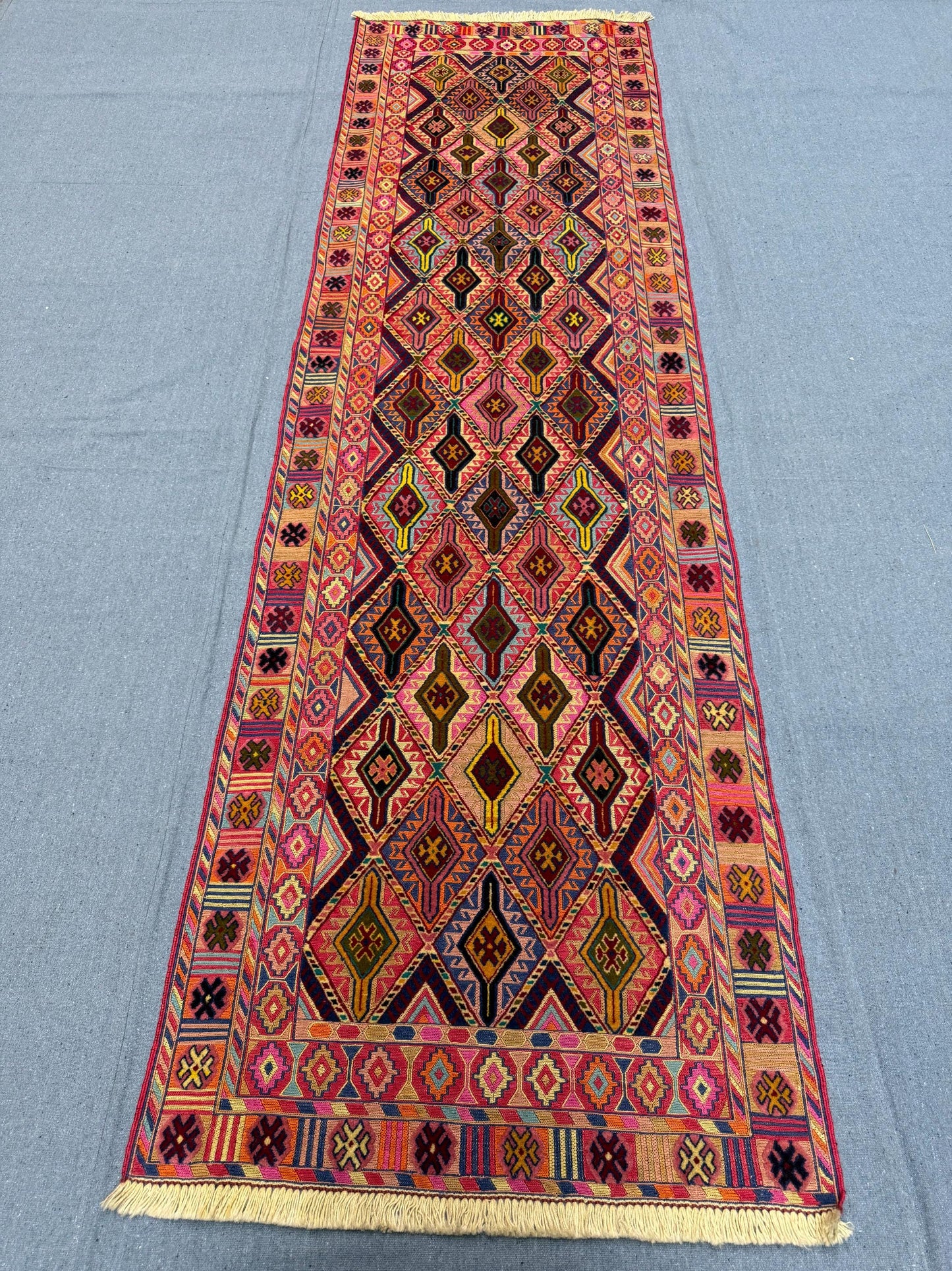 Antique Handmade Vintage Kilim Runner 2.7 x 8.11 ft - Turkish Bohemian Wool Rug - Geometric Tribal Hallway Carpet - Handwoven Flatweave