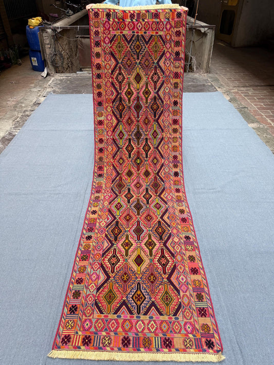 Antique Handmade Vintage Kilim Runner 2.7 x 8.11 ft - Turkish Bohemian Wool Rug - Geometric Tribal Hallway Carpet - Handwoven Flatweave