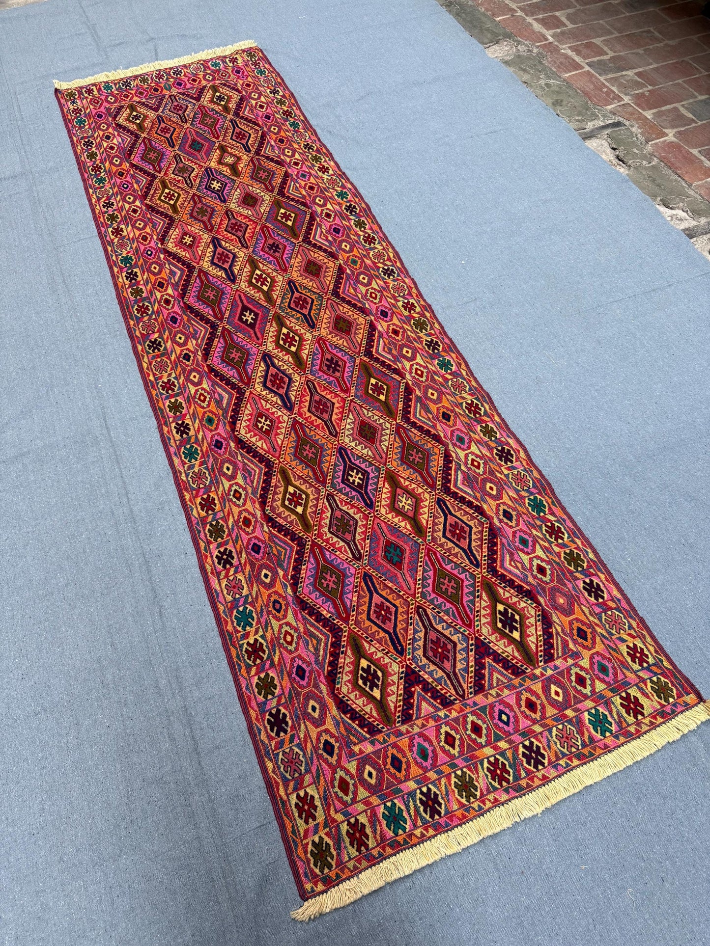 Antique Handmade Vintage Kilim Runner 2.9 x 9.3 ft - Turkish Tribal Boho Wool Rug - Handwoven Geometric Nomadic Carpet for Hallways