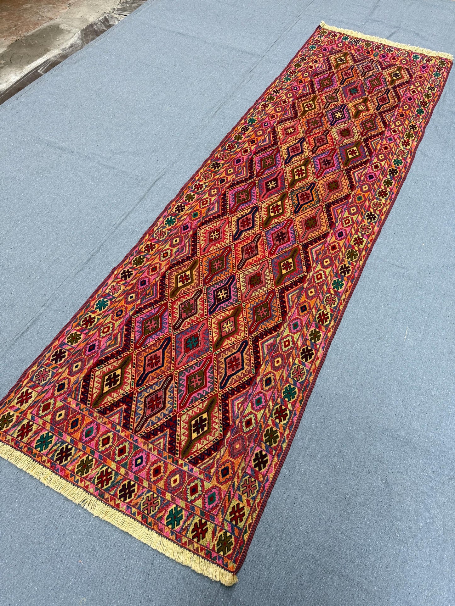 Antique Handmade Vintage Kilim Runner 2.9 x 9.3 ft - Turkish Tribal Boho Wool Rug - Handwoven Geometric Nomadic Carpet for Hallways