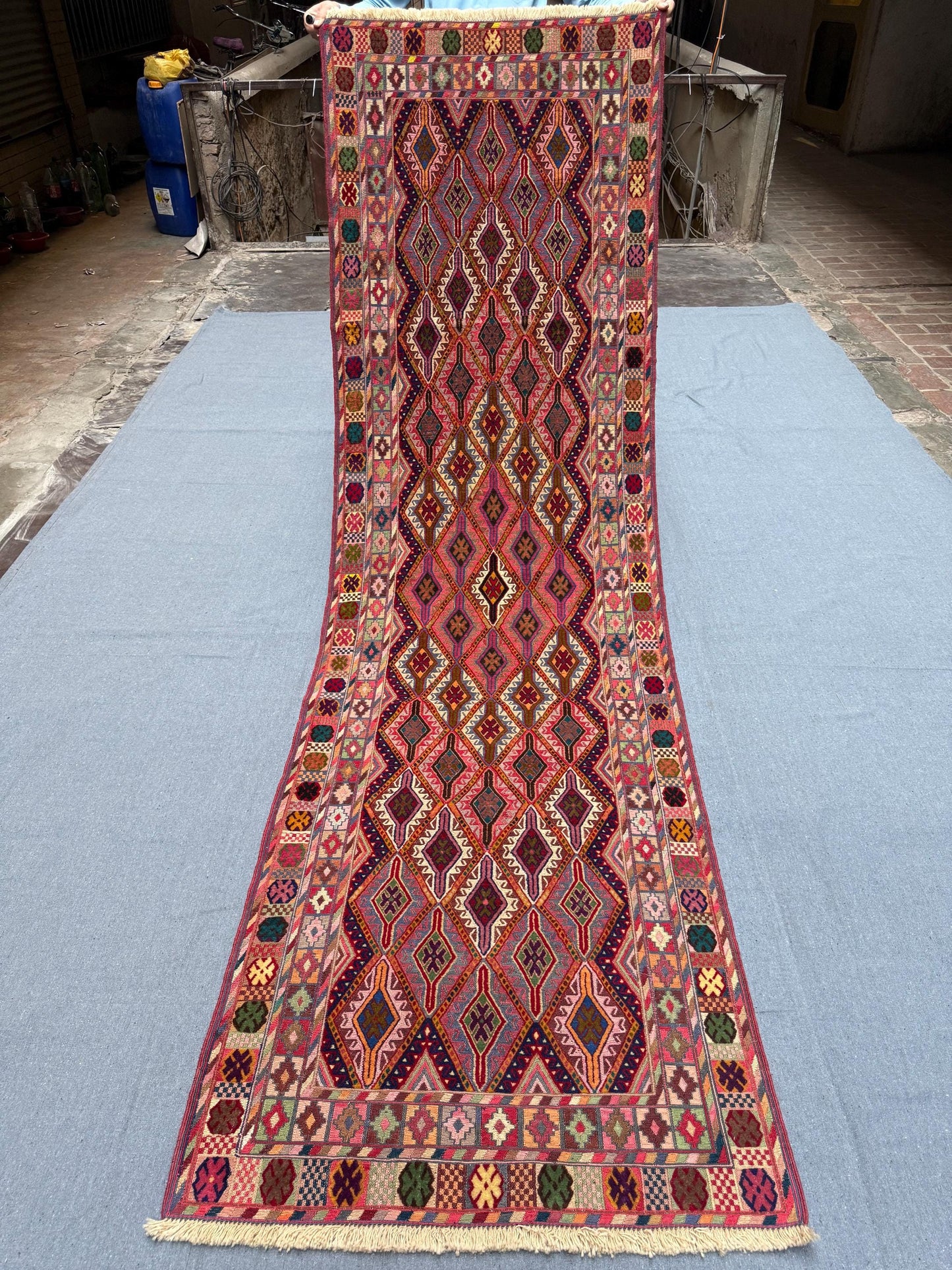 Antique Handmade Vintage Kilim Runner 2.9 x 9.3 ft - Turkish Boho Tribal Wool Rug - Handwoven Geometric Nomadic Carpet for Hallways