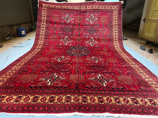 Real Vintage Handmade Antique Wool Rug 9 x 13.2 ft - Oriental Red Persian Carpet - Traditional Tribal Hand-Knotted Large Area Rug